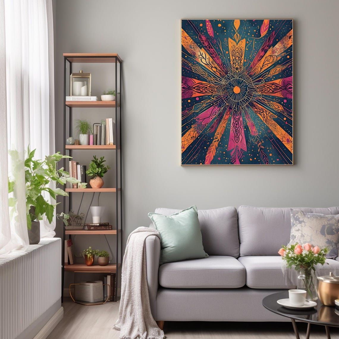 Radiant Sunburst Mandala Magenta Orange Teal Boho Celestial Wall Art