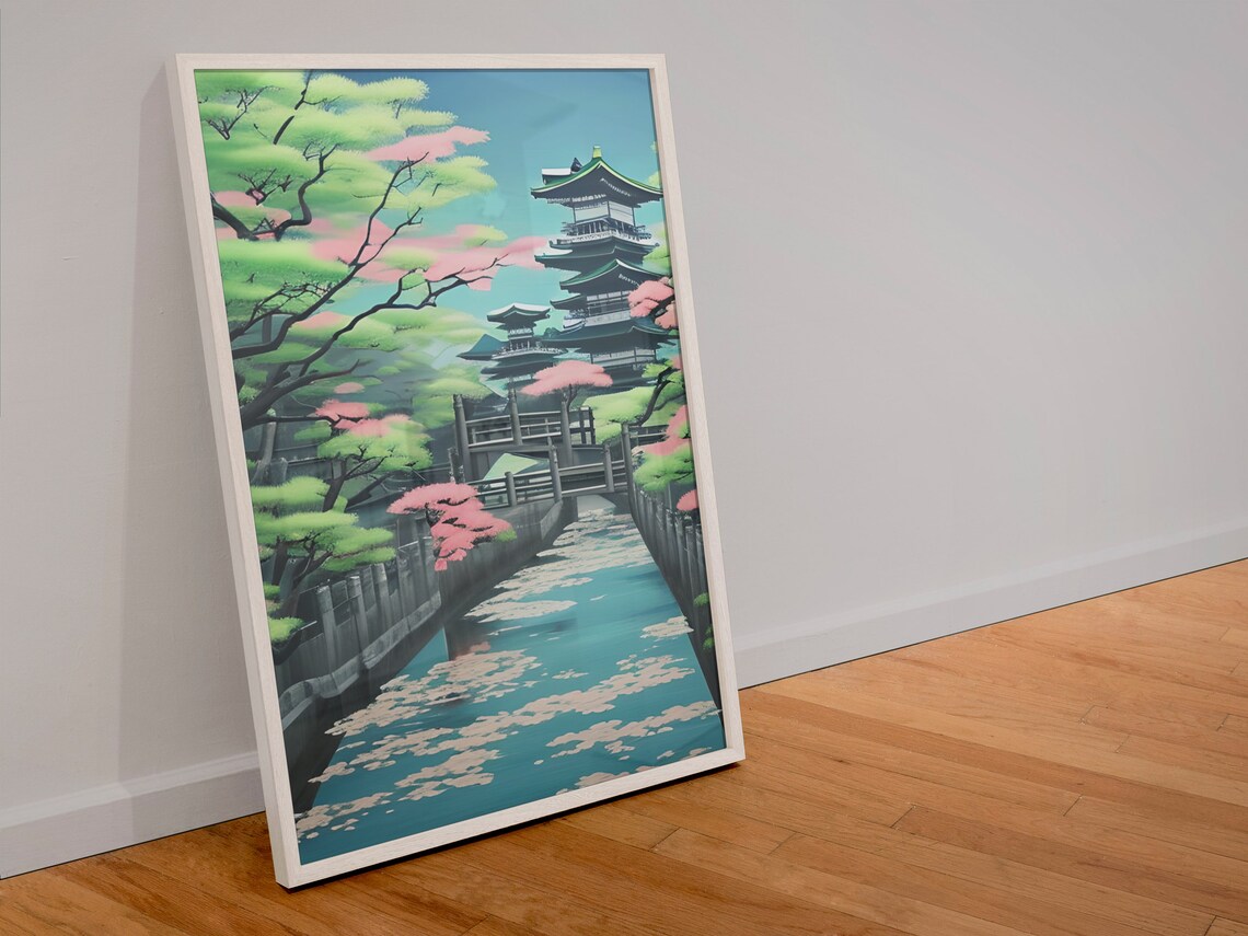 Japanese Pagoda Temple With Cherry Blossoms Spring Canal Poster