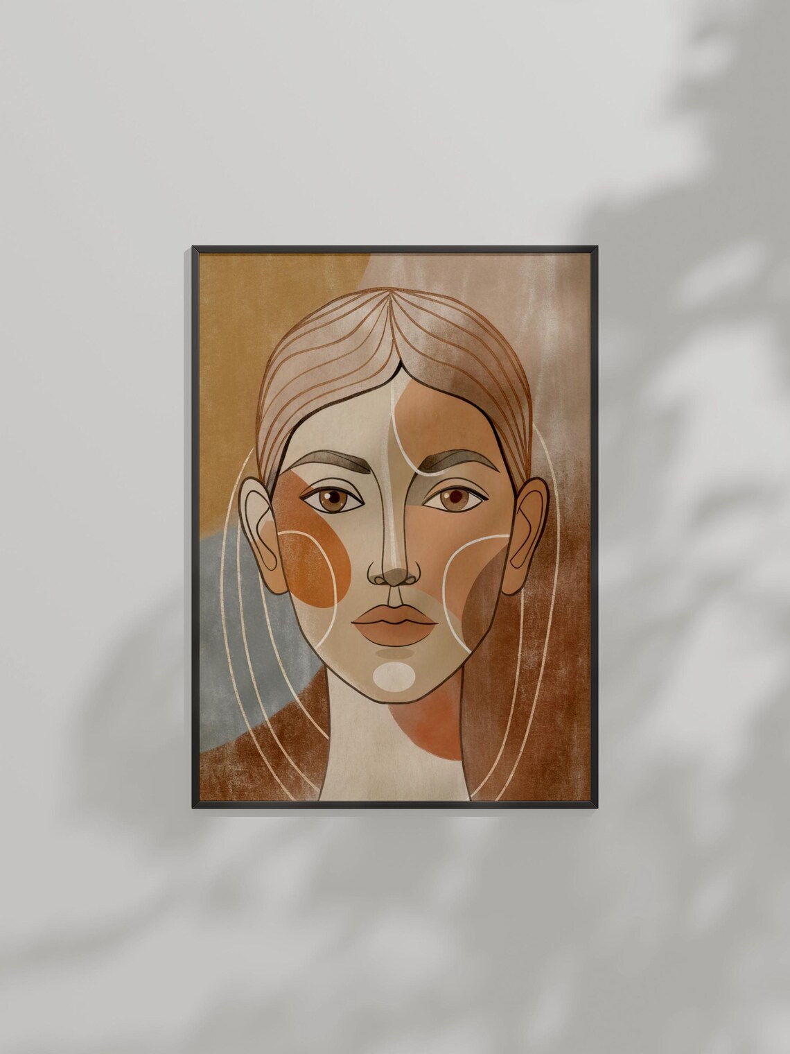 Abstract Female Portrait Poster Symmetrical Line Face In Earthy Gold Tones