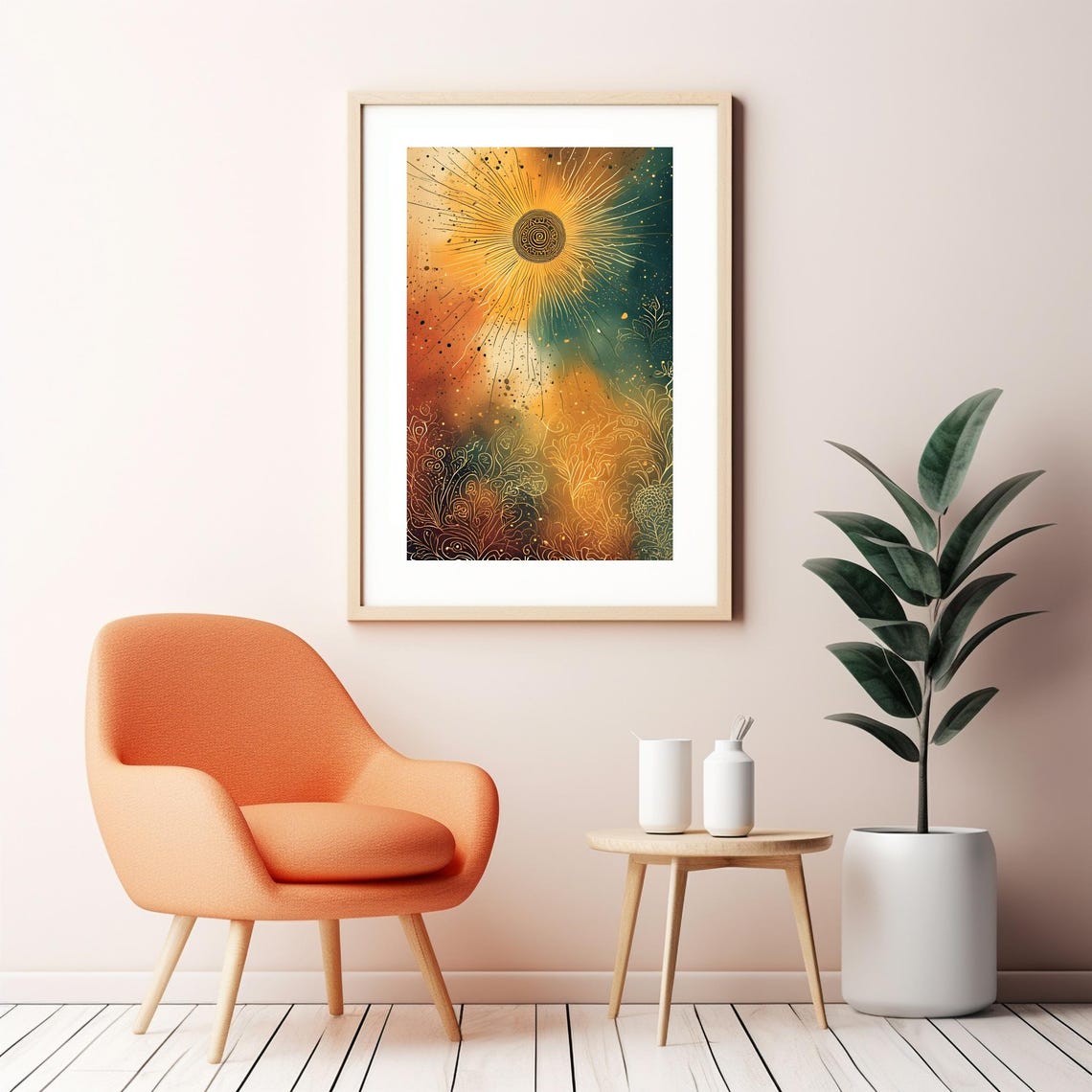 Radiant Sun Golden Rays Floral Linework Warm Celestial Artistic Poster