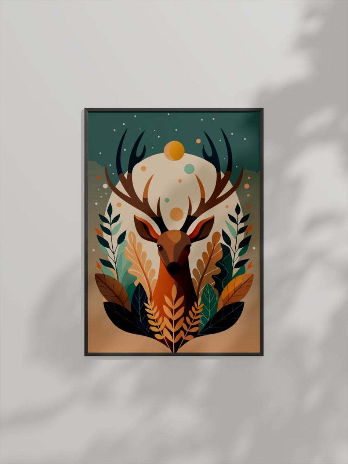 Autumn Stag Geometric Deer with Antlers Forest Leaves Moon Art Poster