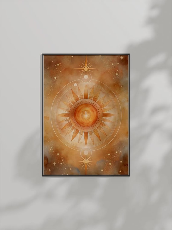 Boho Sun And Stars Art Celestial Mystical Warm Amber Watercolor Poster