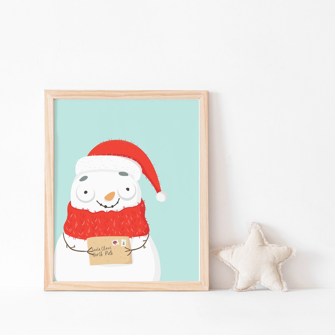 Cute Snowman Santa Hat Red Scarf Holding Gift Card Mint Poster - Image 3