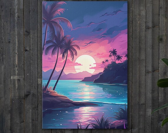 Tropical Beach Sunset Palm Trees Ocean Waves Lofi Aesthetic Art Poster