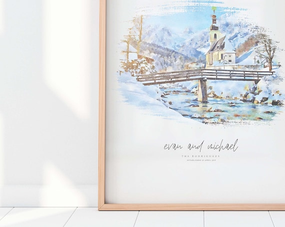 Winter Wedding Venue Illustration, Watercolor Gift