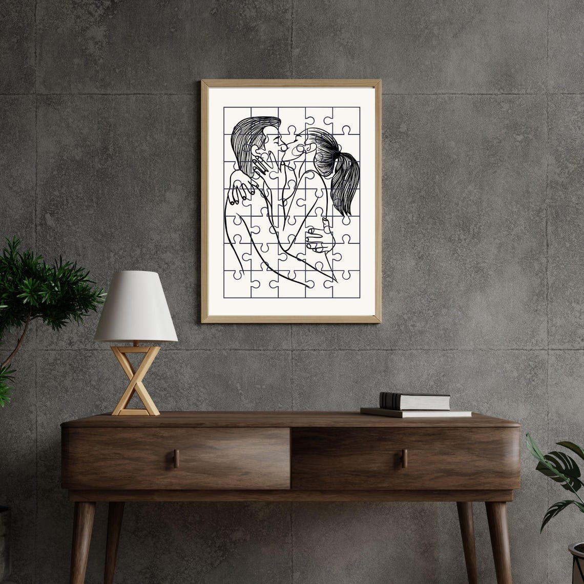 Passionate Couple Puzzle Kiss Line Art Romantic Black White Poster