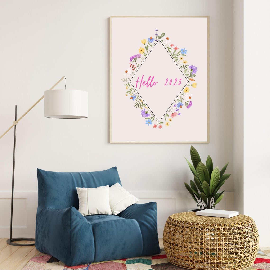 Hello 2025 Pink Script Floral Diamond Frame New Year Wall Art Poster - Image 4