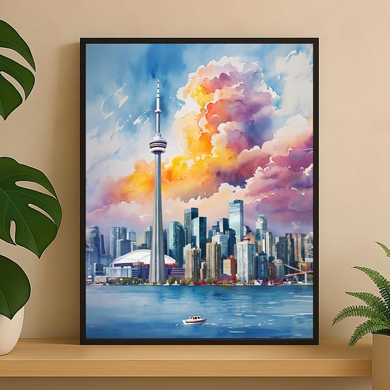 Toronto Skyline Watercolor Print Cn Tower Wall Art Sunset Canada Cityscape Downtown Decor