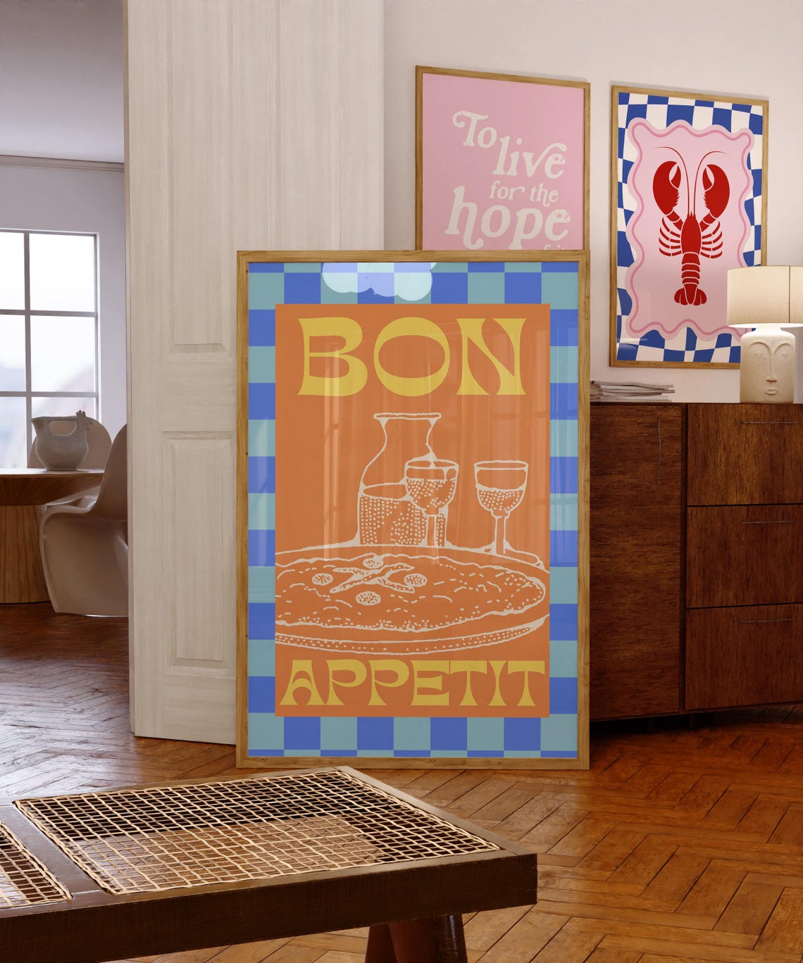 Bon Appetit Retro Pizza Wine Orange Checkered Kitchen Wall Poster