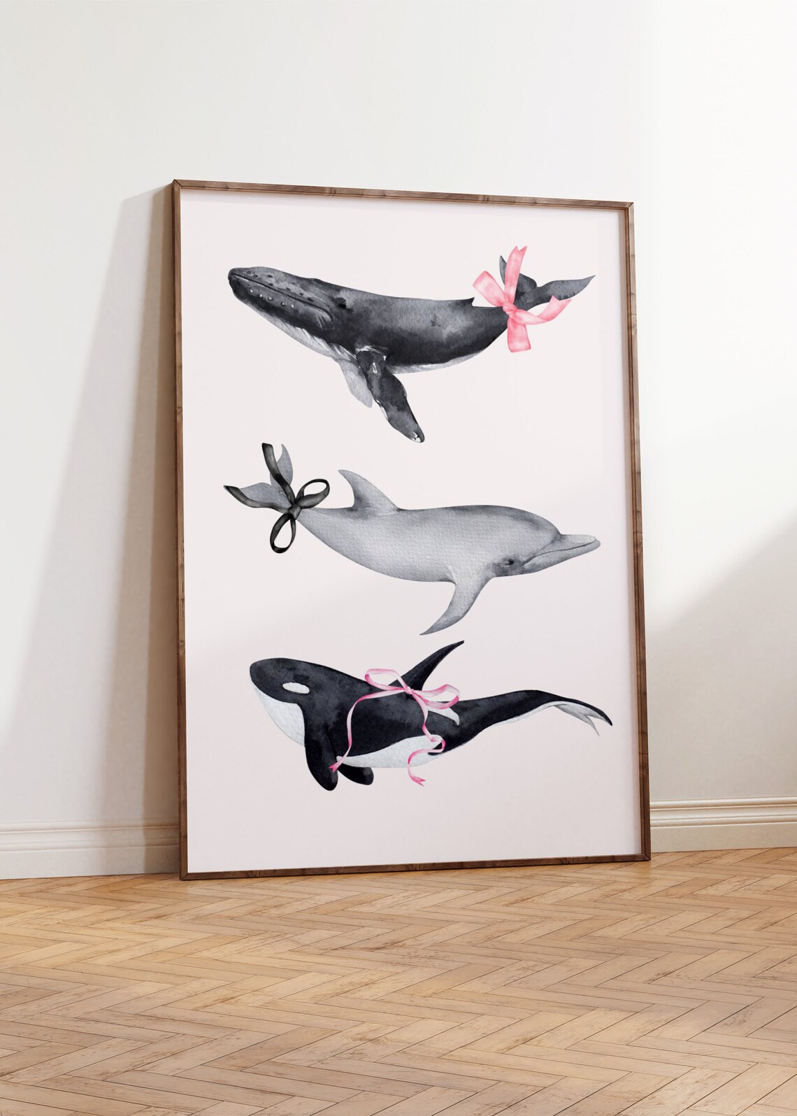 Whale Dolphin Orca Watercolor Bow Cute Girly Coastal Wall Art - Image 3