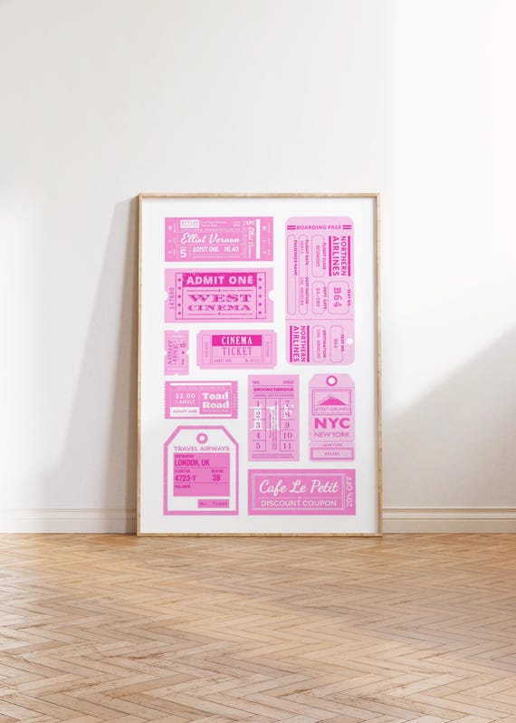 Trendy Tickets Print Retro Coupon Cinema Theater Plane Pink Ticket Preppy Pastel Poster Bar Cart Decor Aesthetic Vintage Wall Art