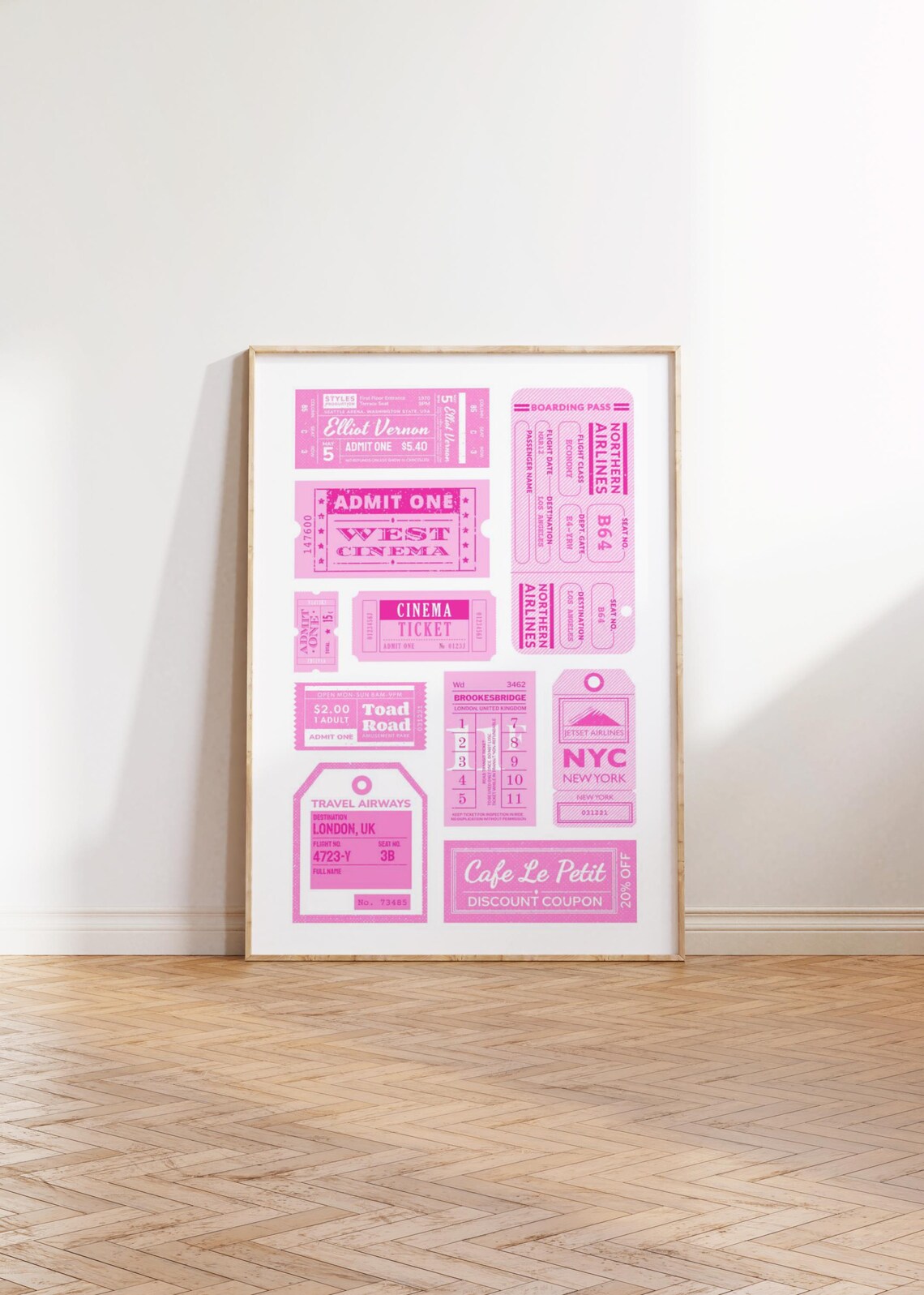 Pink Travel Tickets Coupon Collage Cinema Airline Retro Wall Poster