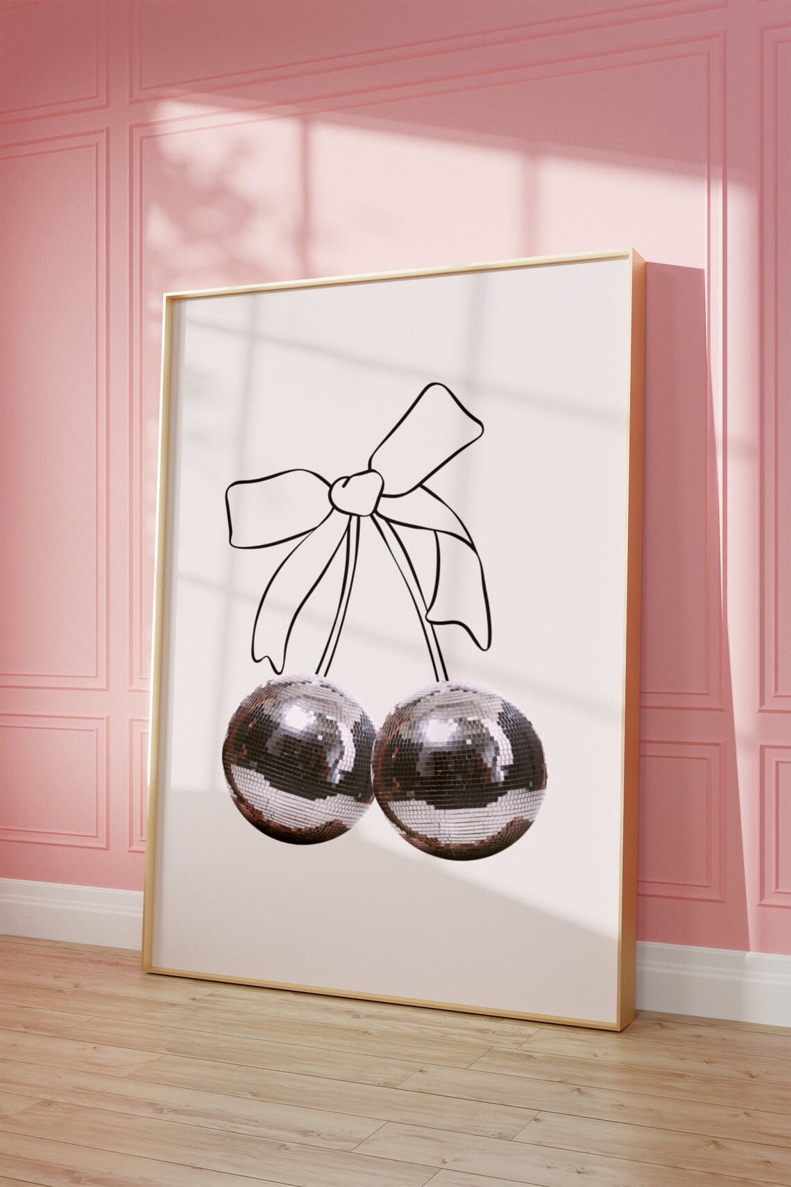 Black Line Art Bow With Silver Disco Ball Cherries Coquette Wall Art - Image 5