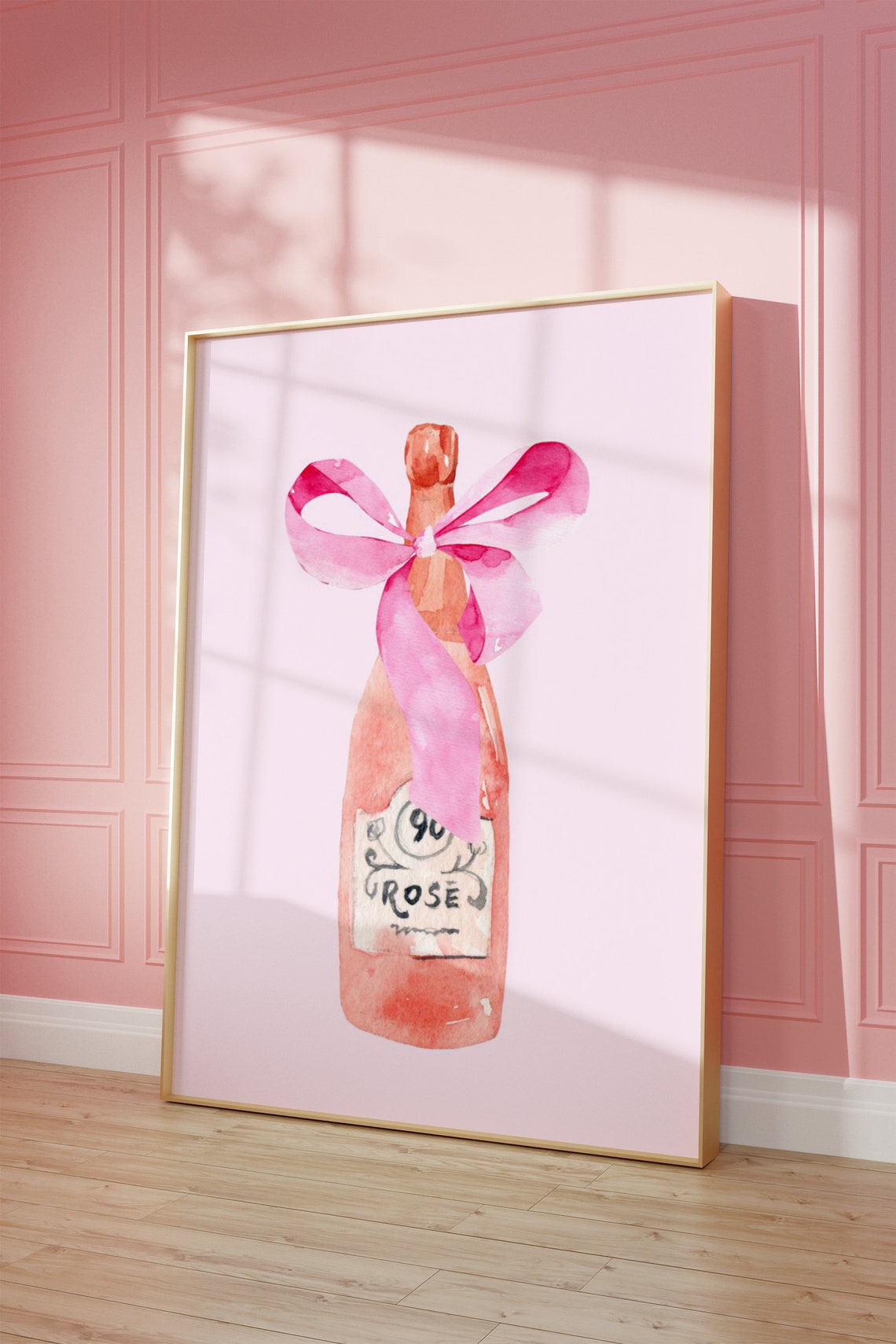 Pink Girly Rose Champagne Bottle Watercolor Bow Coquette Wall Art - Image 4