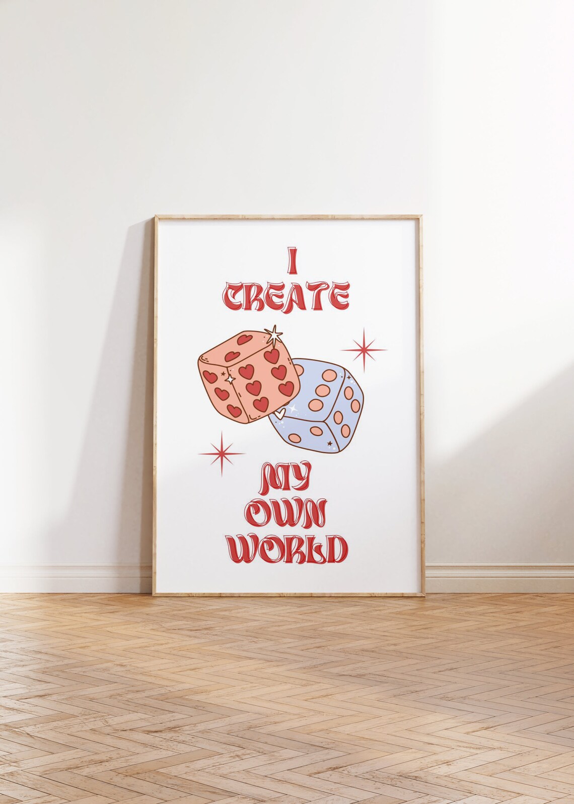 I Create My Own World Retro Red Dice Hearts Starburst Quote Poster