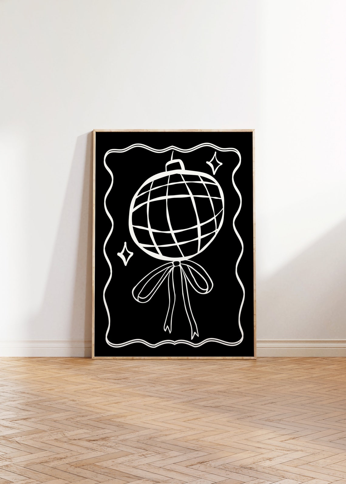 White Line Art Disco Ball With Bow On Black Wavy Frame Poster - Image 2