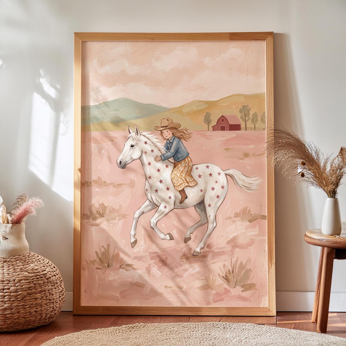 Cowgirl Riding Star Spotted White Horse Pink Western Art Poster