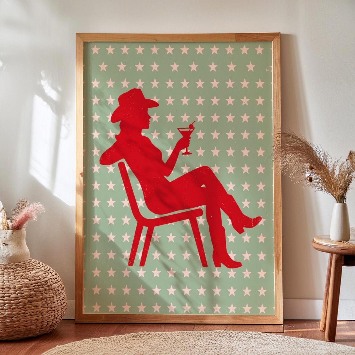 Red Cowgirl Silhouette Sipping Martini Starry Sage Western Bar Poster
