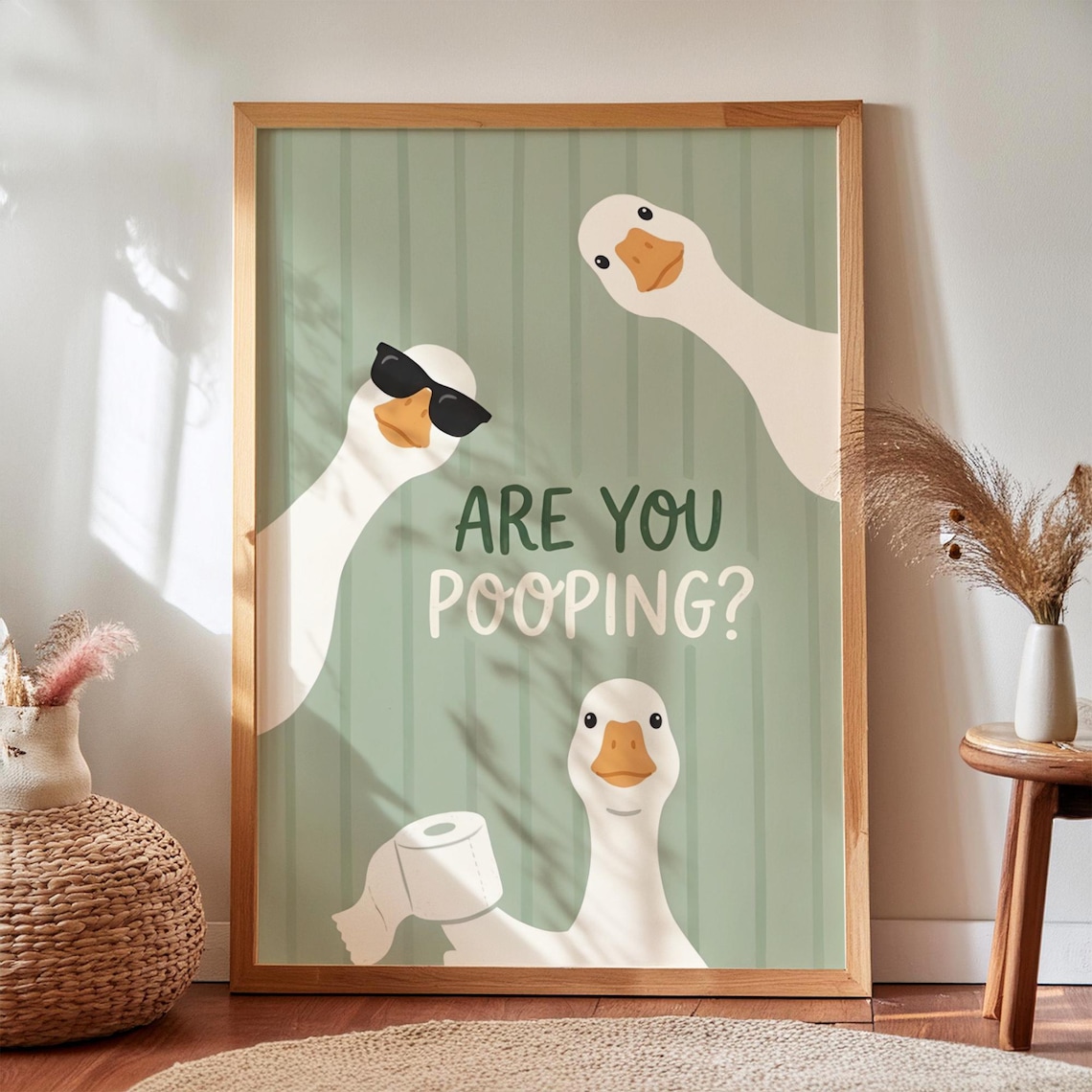 Funny Goose Bathroom Print, Sage Green Stripes
