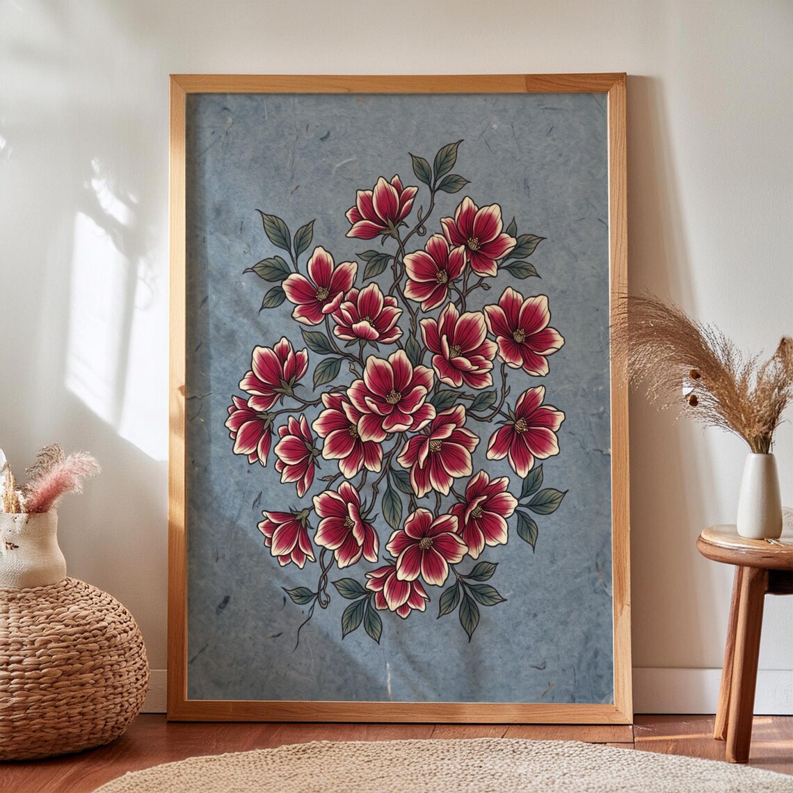 Burgundy Wisteria Blossoms On Dusty Blue Japanese Style Art Poster
