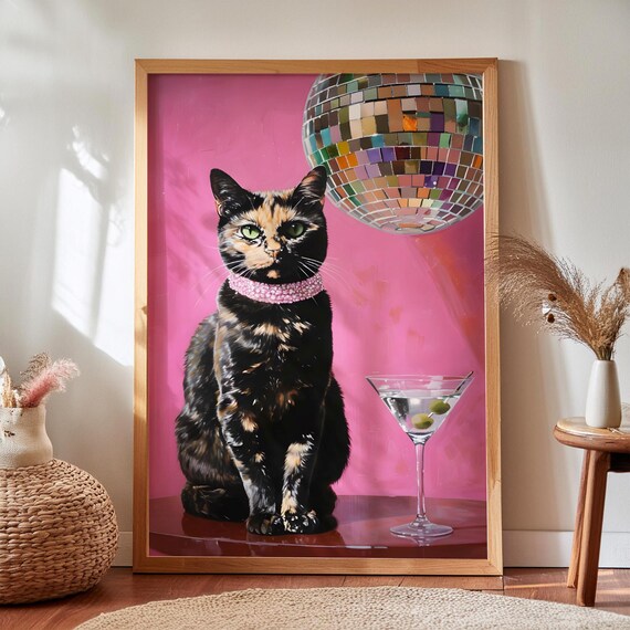 Tortoiseshell Cat Martini Disco Art Print Pop Home Decor Digital Download