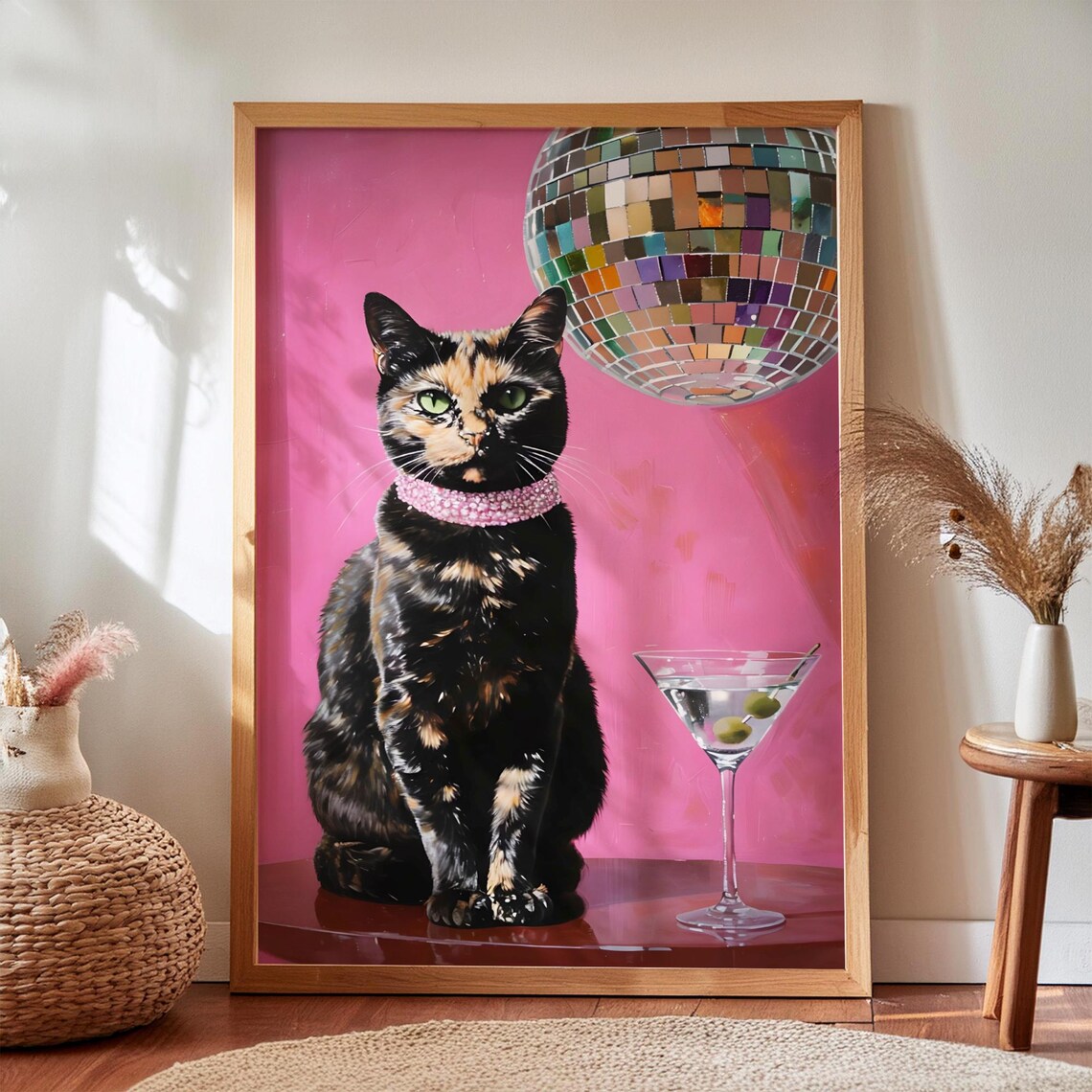 Tortoiseshell Cat Disco Ball Martini Poster Pink Pop Art Cat Lover Gift