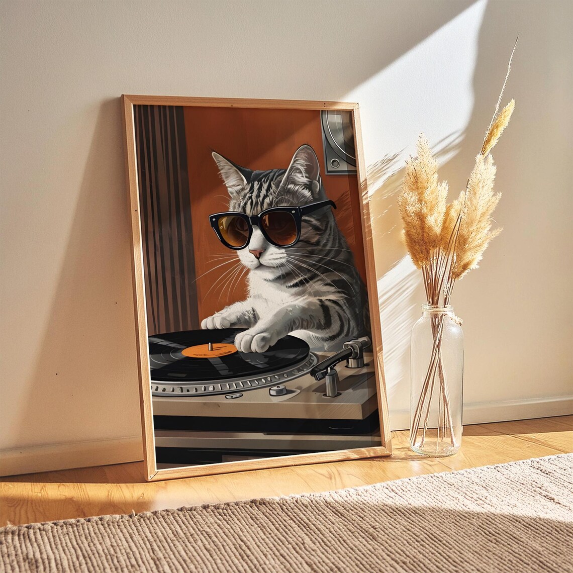 DJ Cat Vinyl Turntable Poster Retro Sunglasses Music Room Funky Cat Art Decor