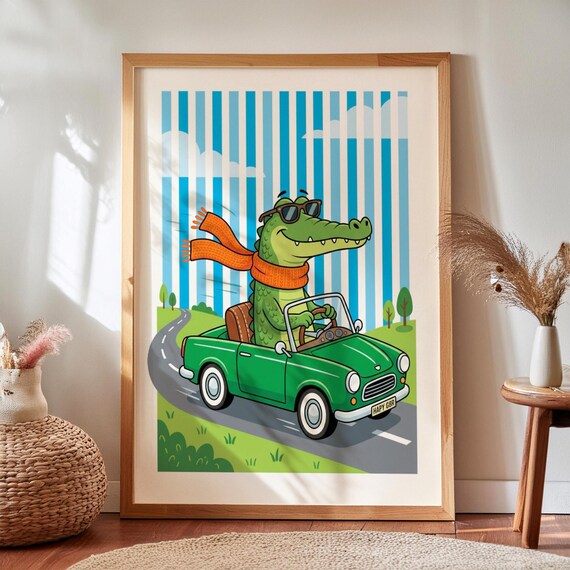 Cool Crocodile Driving Green Convertible Car Cartoon Kids Poster
