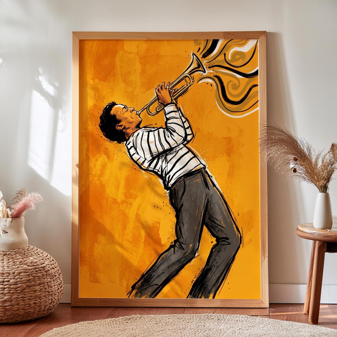 Jazz Trumpet Player Fiery Orange Ink Illustration Music Art Poster