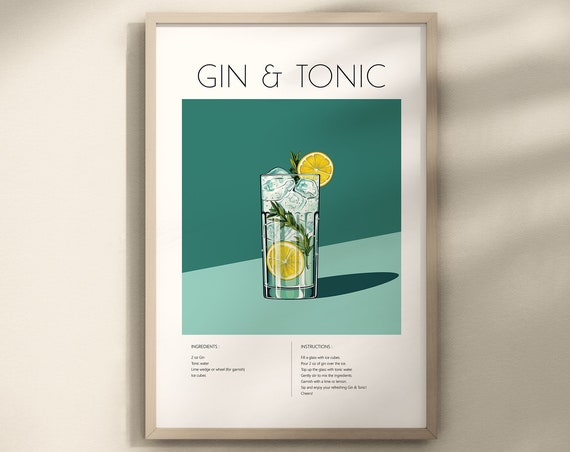 Gin Tonic Cocktail Poster, Bar Cart Decor