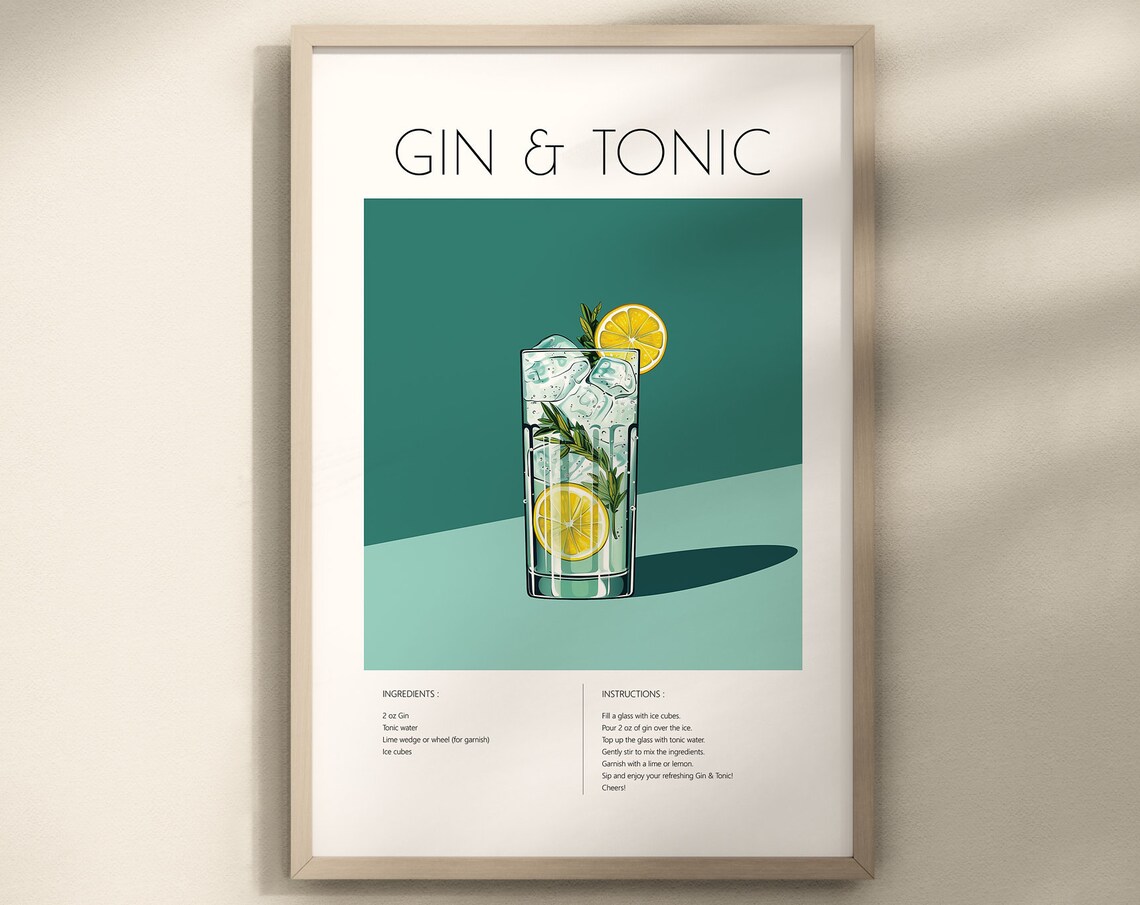 Gin Tonic Cocktail Poster, Bar Cart Decor