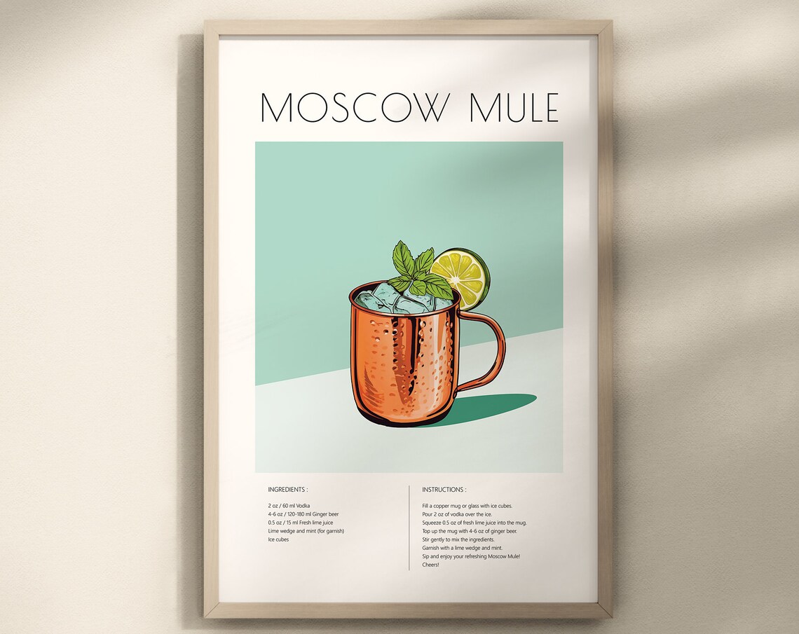 Moscow Mule Cocktail Guide Bar Cart Decor Print