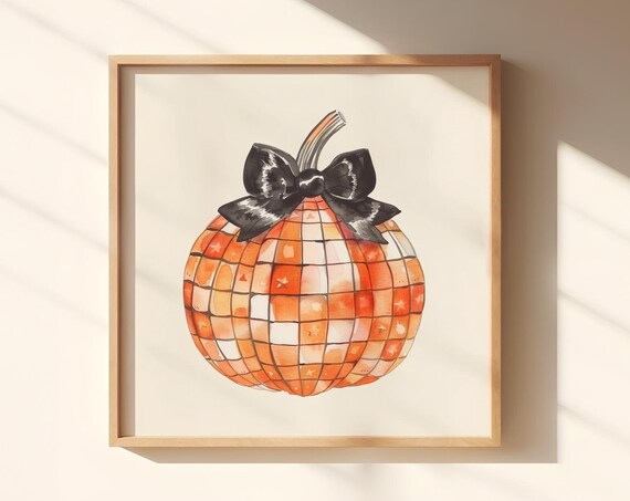 Disco Ball Checkered Pumpkin with Black Bow Halloween Art Poster
