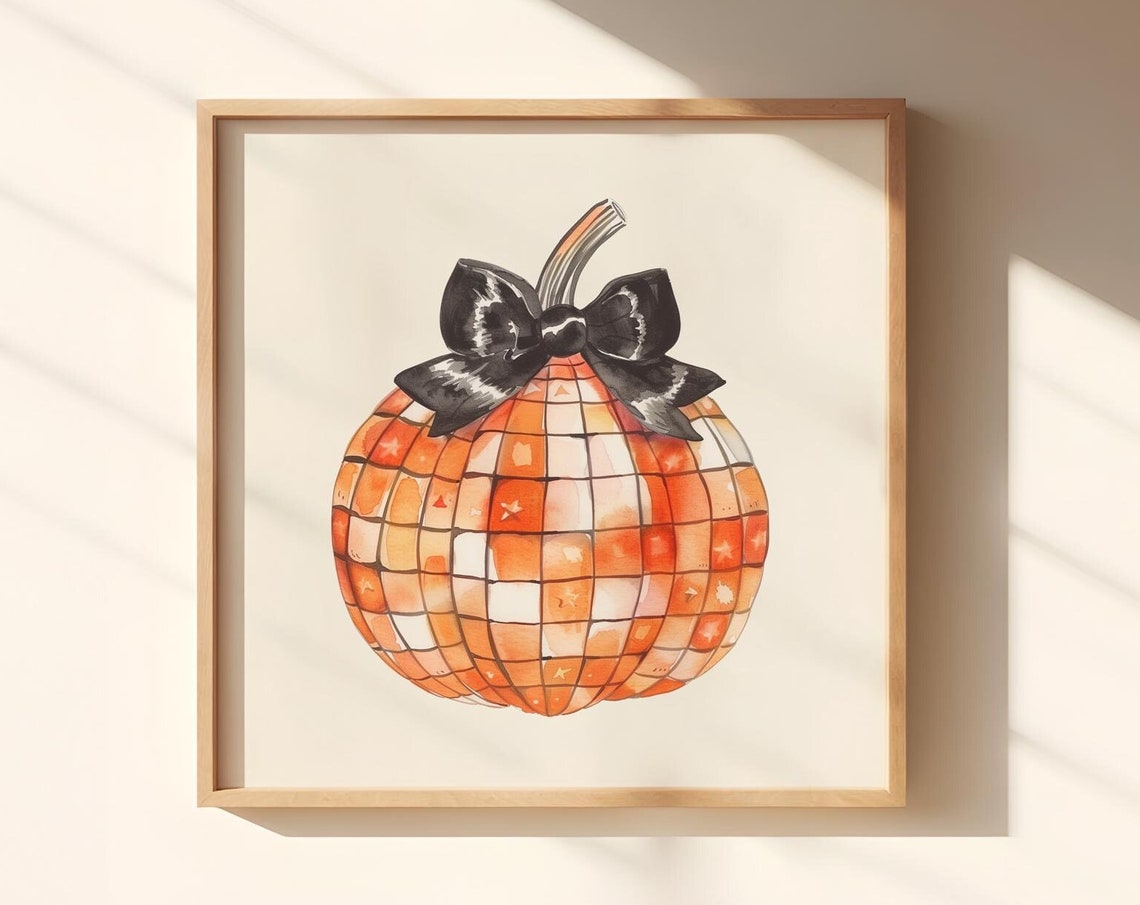 Disco Ball Checkered Pumpkin with Black Bow Halloween Art Poster