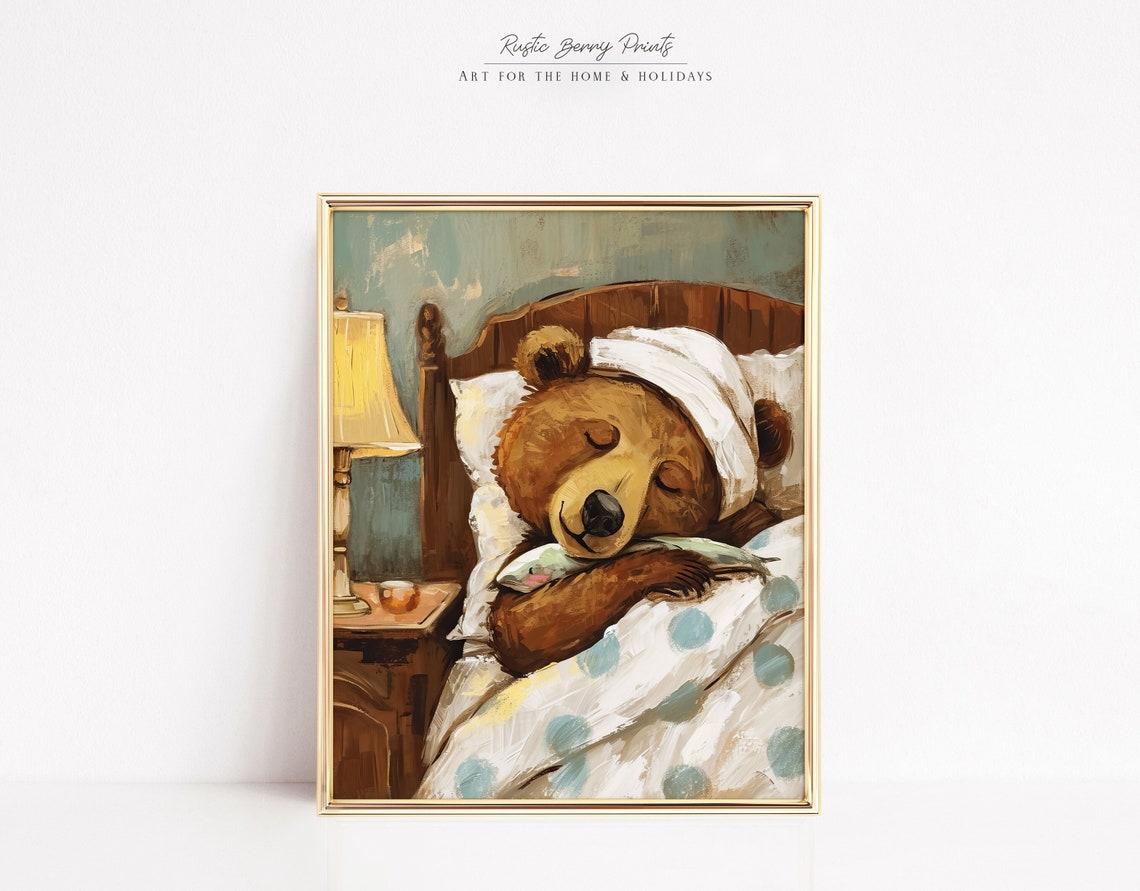 Sleeping Bear Cuddling Fish Polka Dot Quilt Nursery Art Print