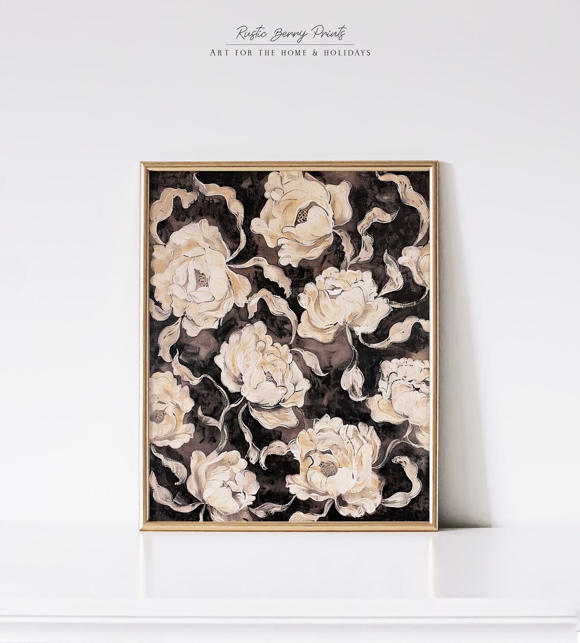 Cream Peonies With Silk Ribbons Moody Dark Floral Oil Painting Print - Image 2