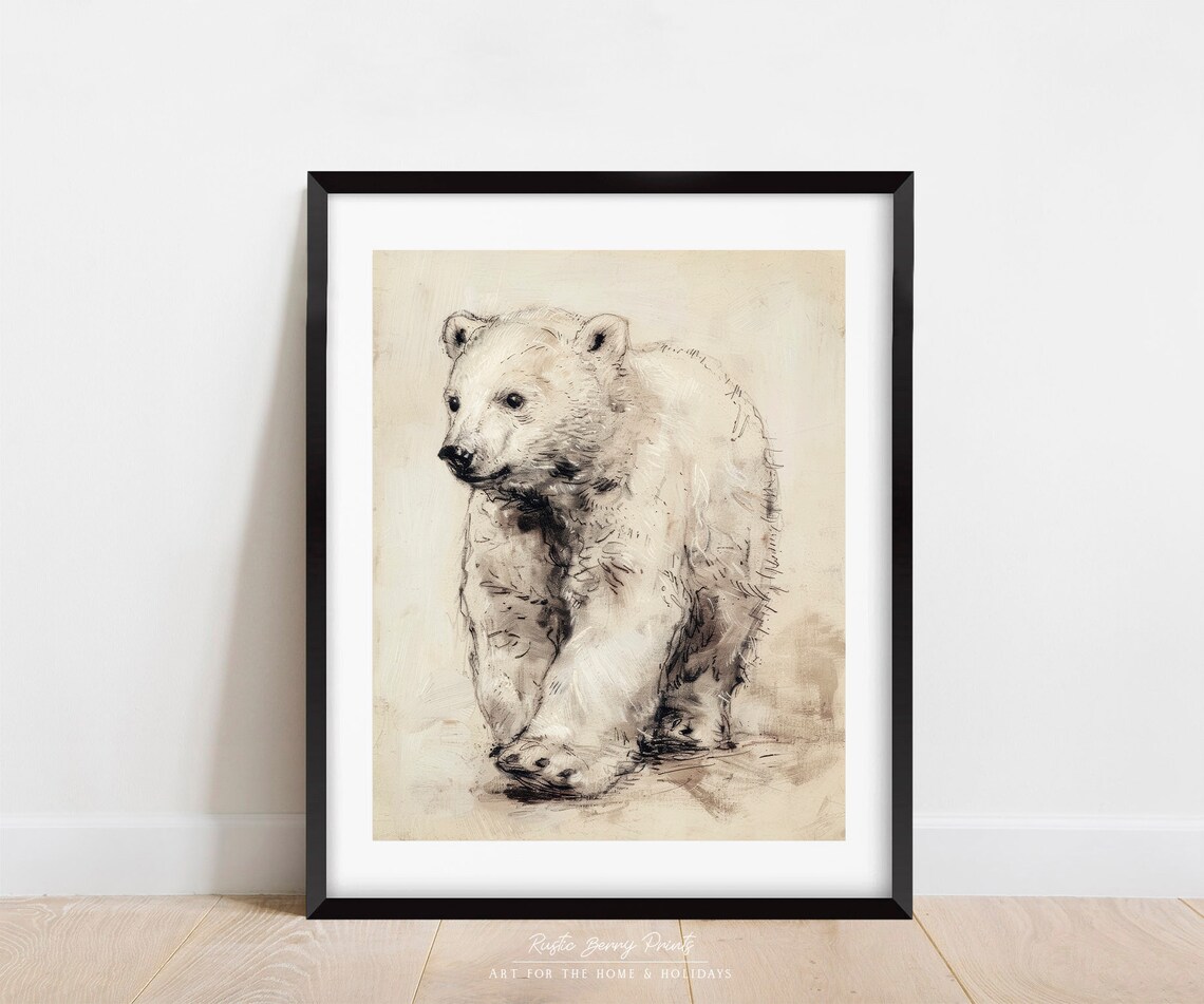 Baby Polar Bear Cub Walking Sketch Soft Neutral Vintage Wildlife Drawing Print - Image 3