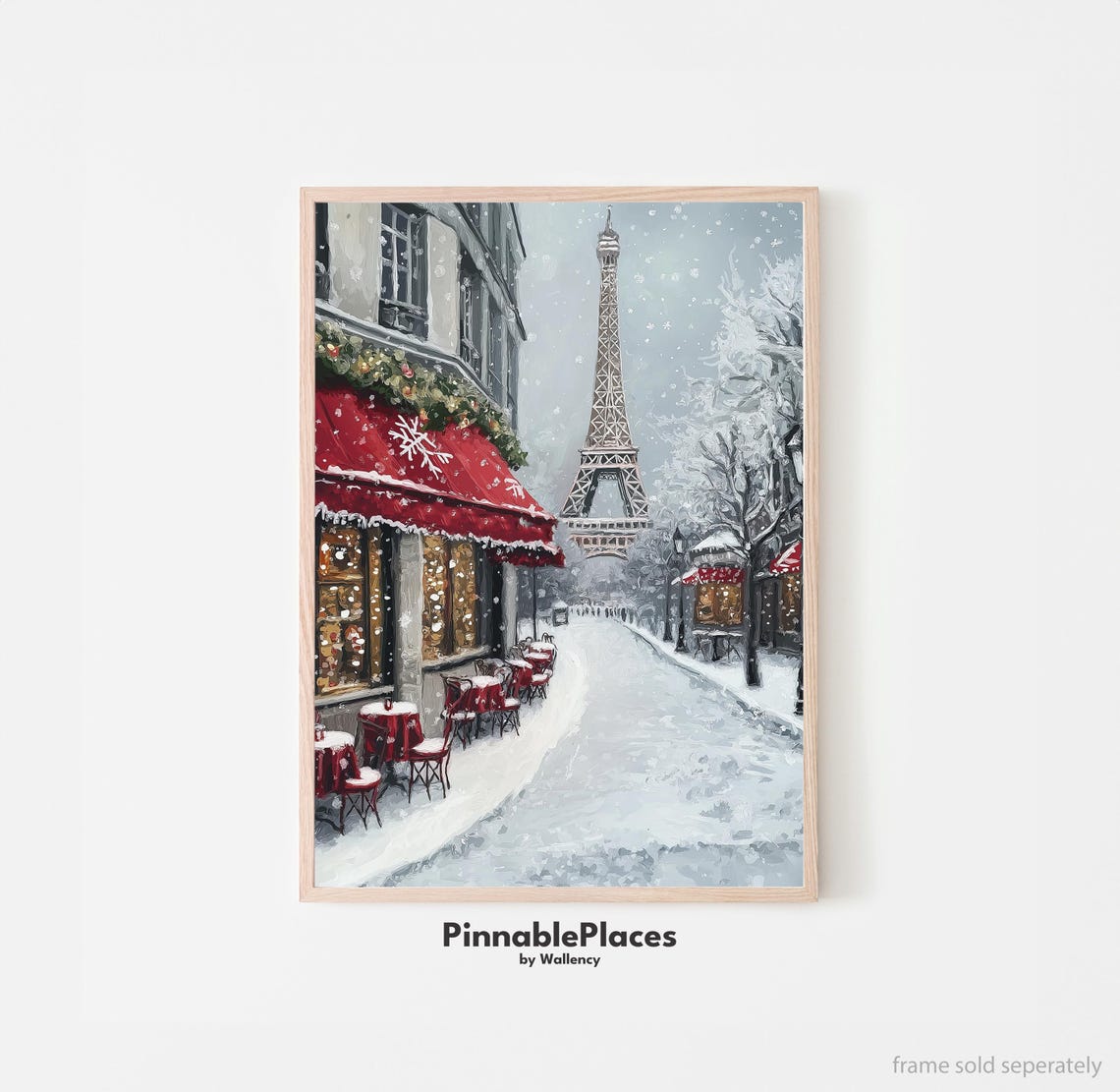 Snowy Paris Eiffel Tower Winter Cafe Street Scene Holiday Poster