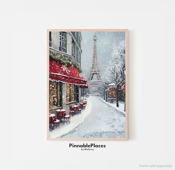 Snowy Paris Eiffel Tower Winter Cafe Street Scene Holiday Poster