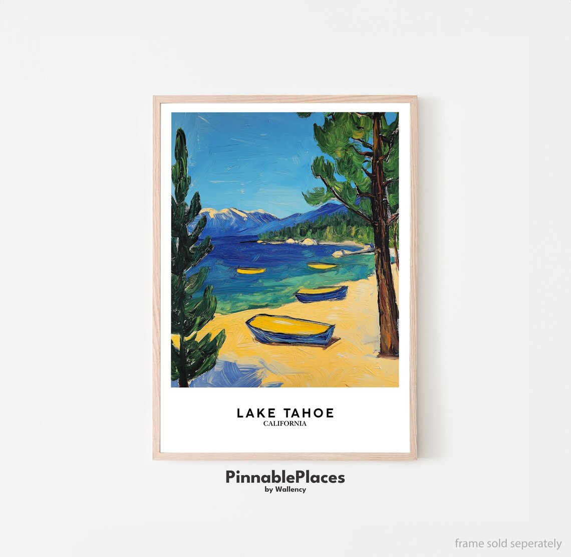 Lake Tahoe California Poster Colorful Lakeside Boats Mountain View Art
