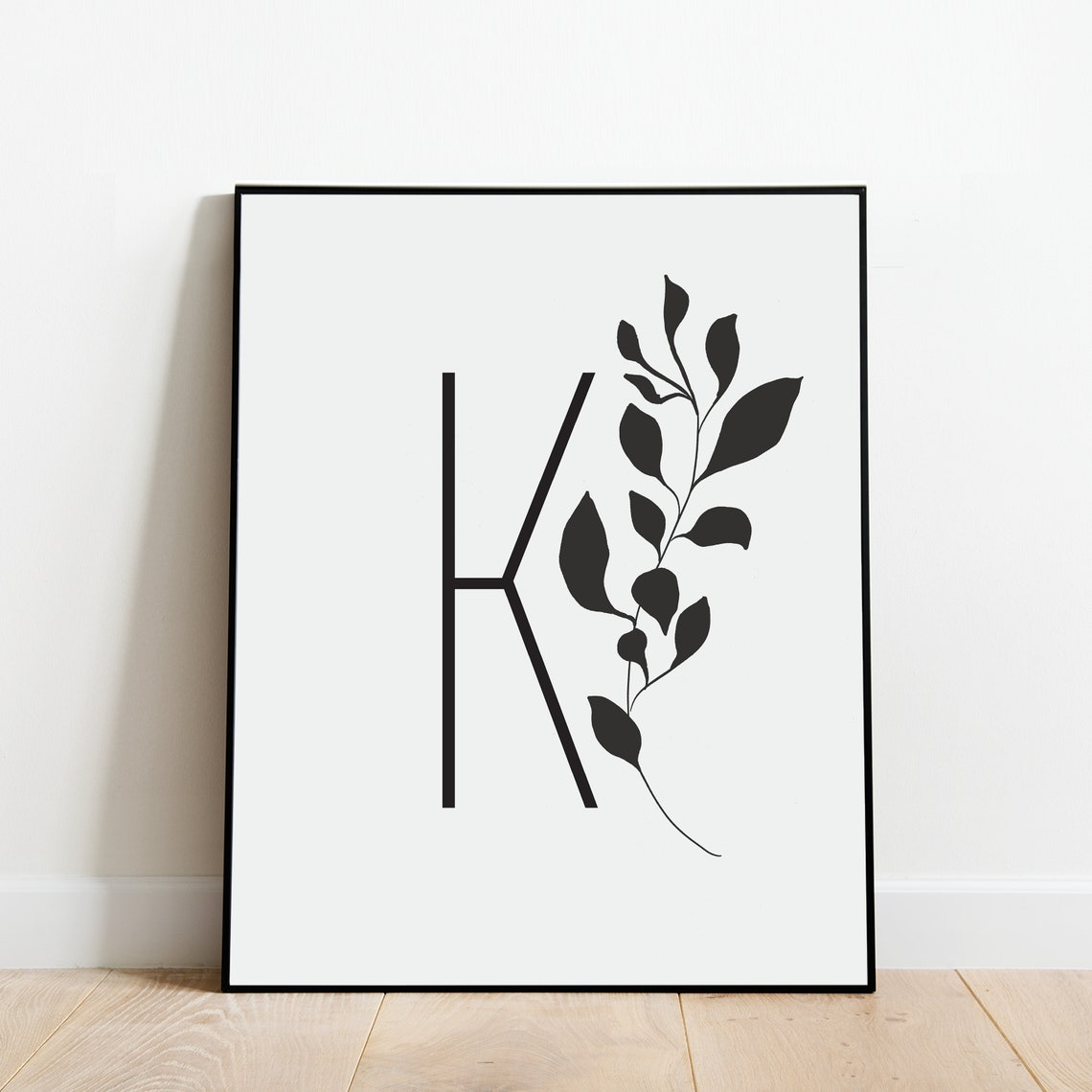 Letter K Monogram With Soft Gray Watercolor Leaves Botanical Poster - Image 5
