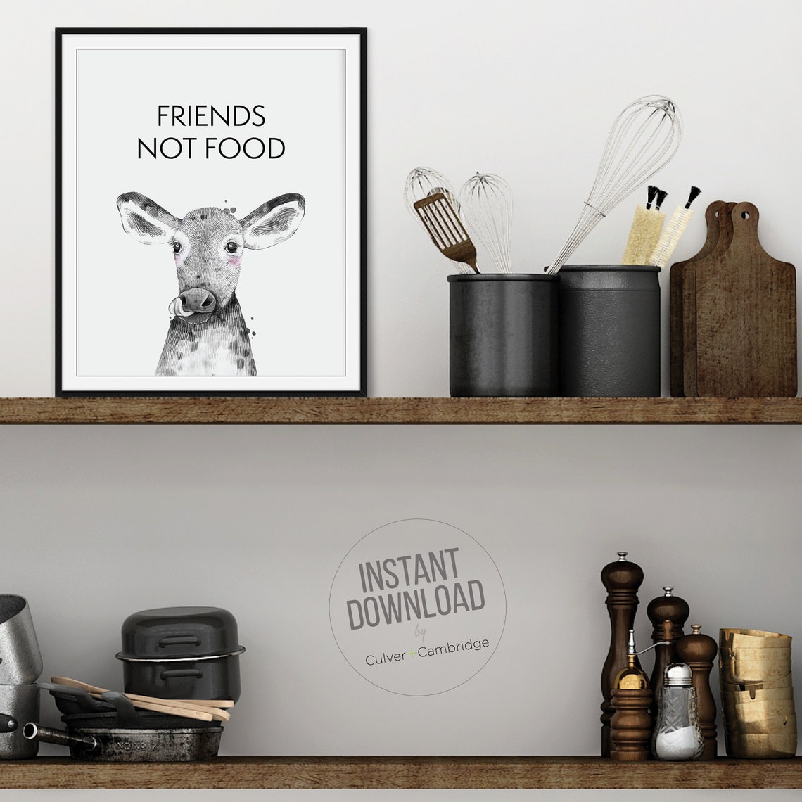Friends Not Food Cow Kitchen Quote Bold Minimalist Vegan Poster