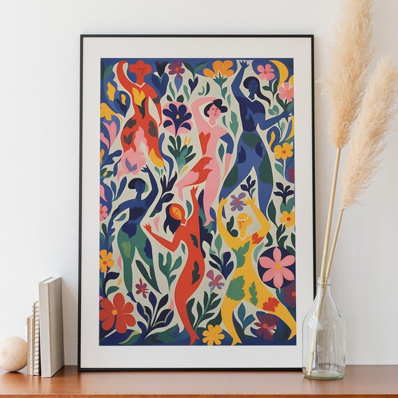Colorful Abstract Dancing Figures Among Flowers Vibrant Art Poster