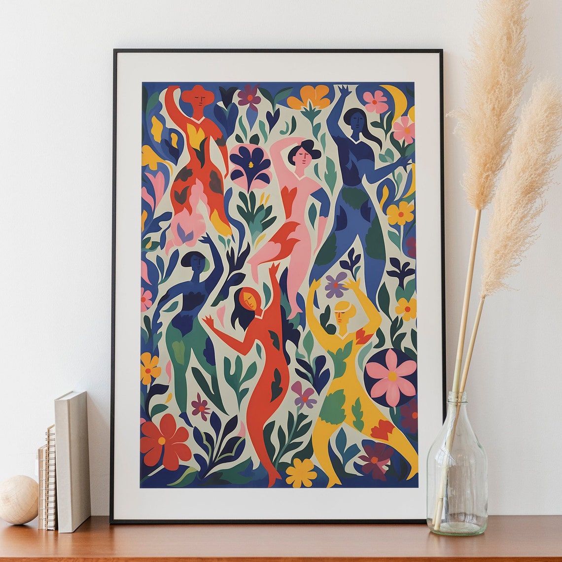 Colorful Abstract Dancing Figures Among Flowers Vibrant Art Poster