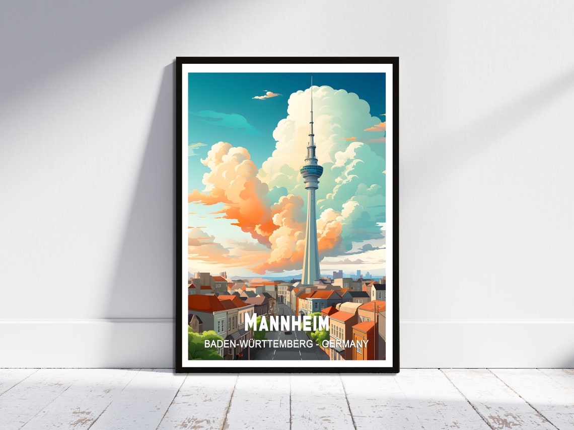 Mannheim Germany TV Tower Sunset Skyline Vintage Travel Poster