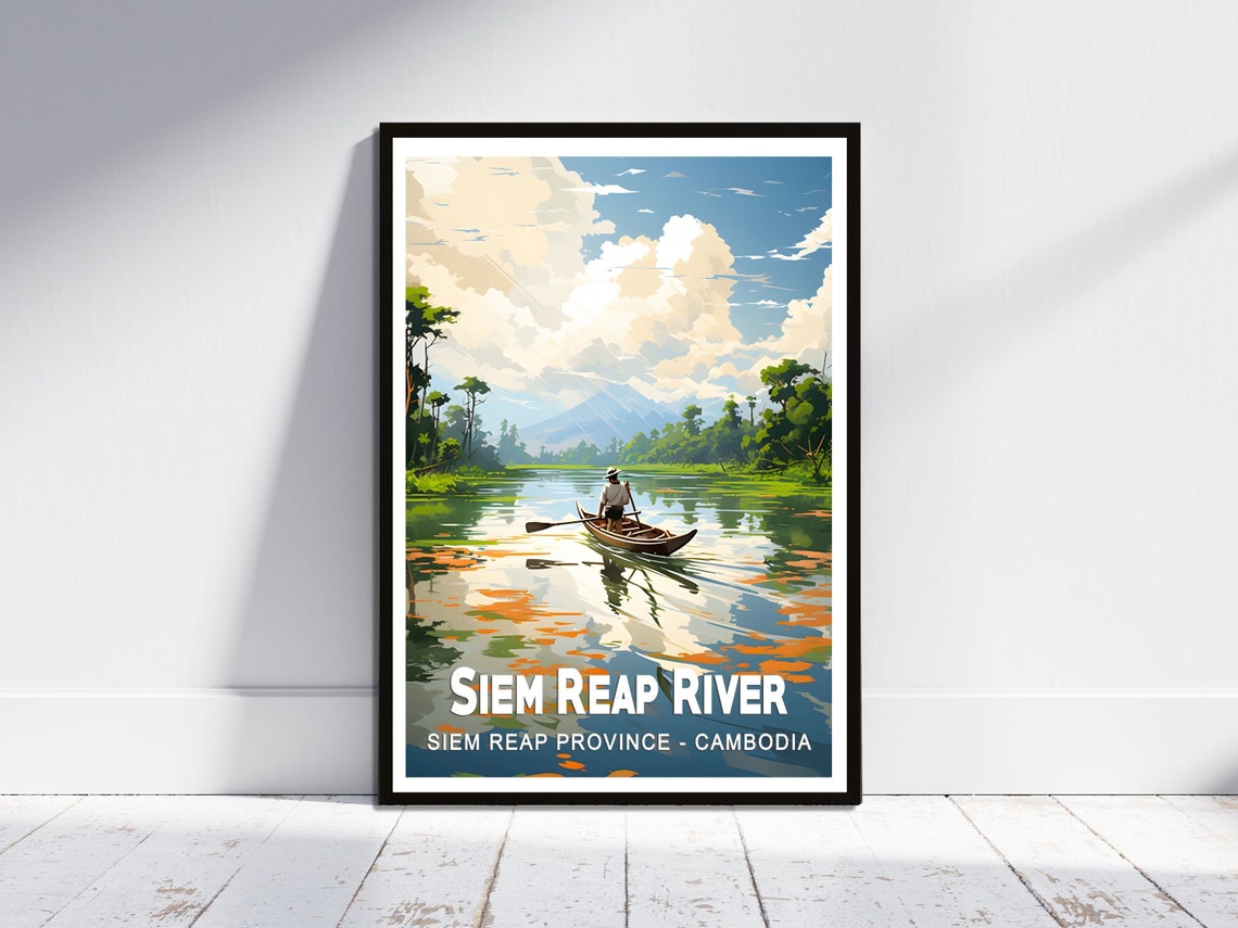 Siem Reap River Cambodia Boatman Calm Water Mountain Travel Poster
