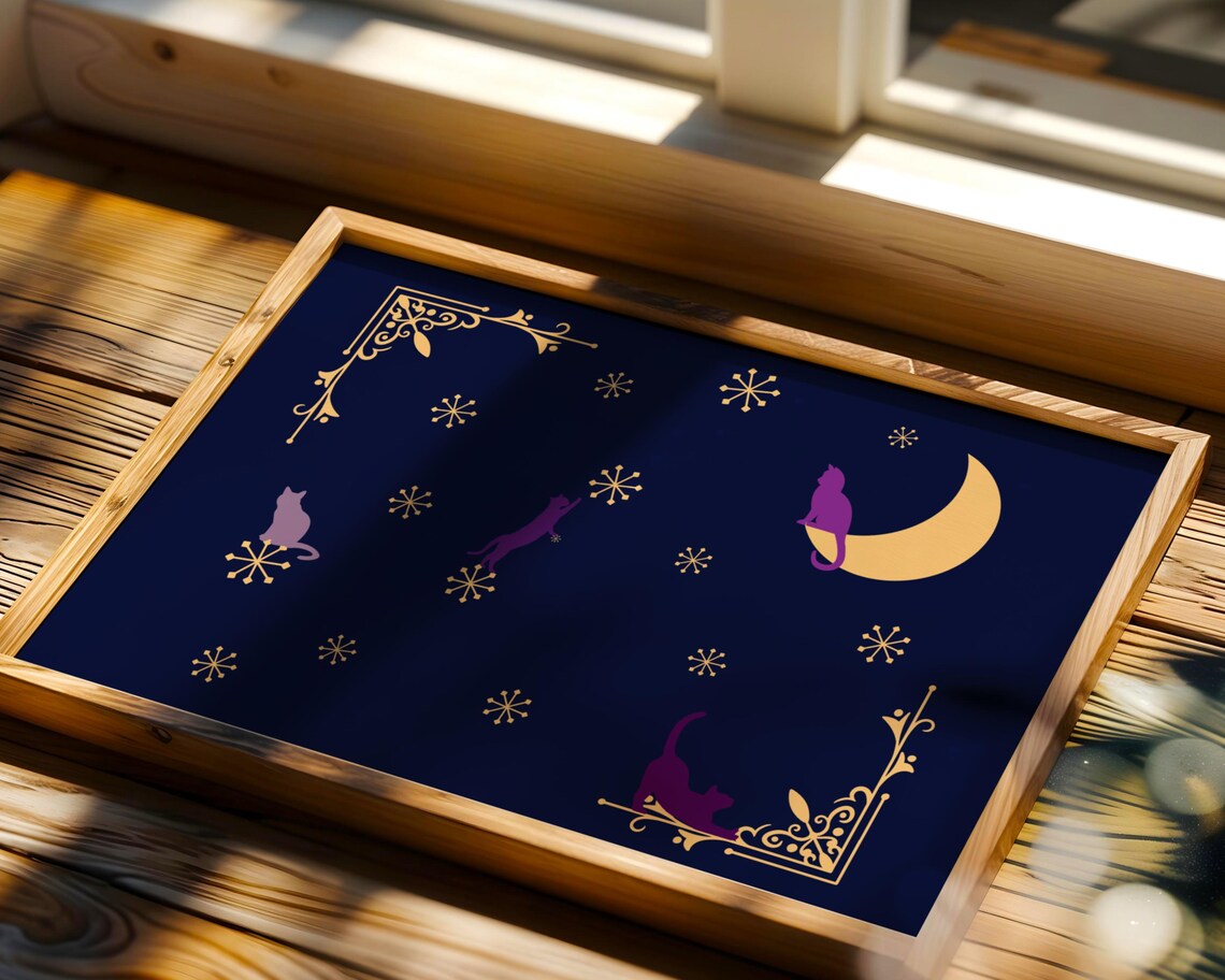 Night Cats Midnight Theme Poster Print, Sleepy Kittens - Image 3