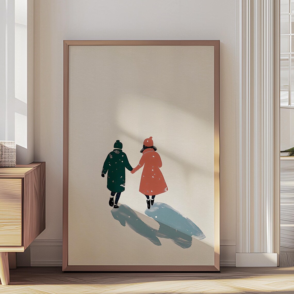 Minimalist Winter Couple Walking Through Snowfall Modern Art Print