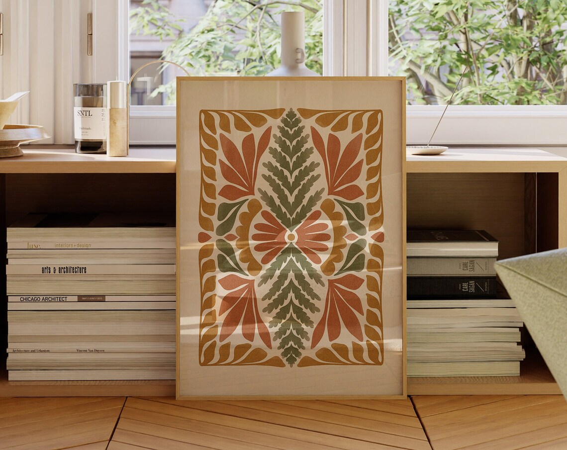 Symmetrical Folk Floral in Warm Ochre and Green Tones Poster