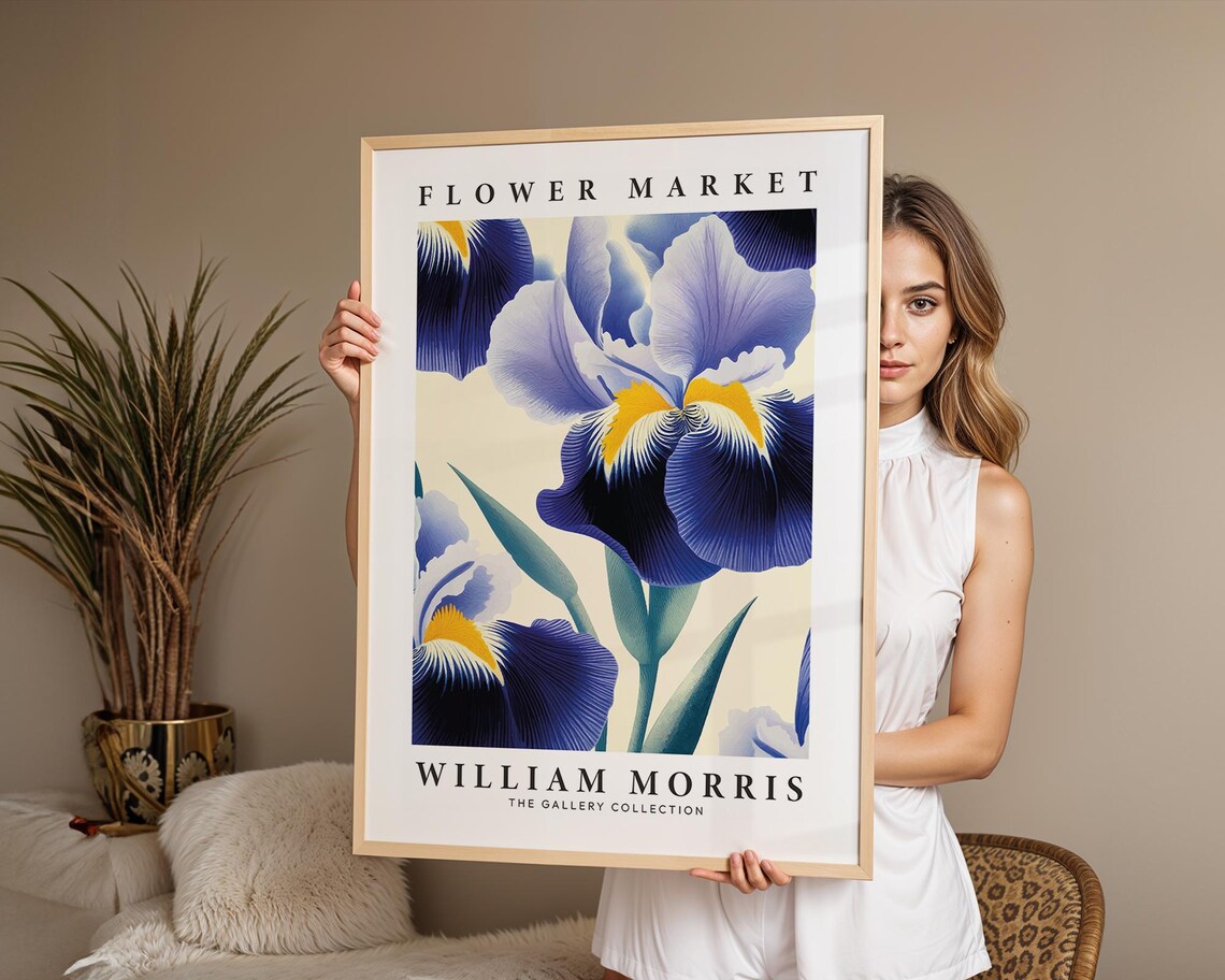 William Morris Flower Market Blue Iris Blossom Botanical Wall Art - Image 3